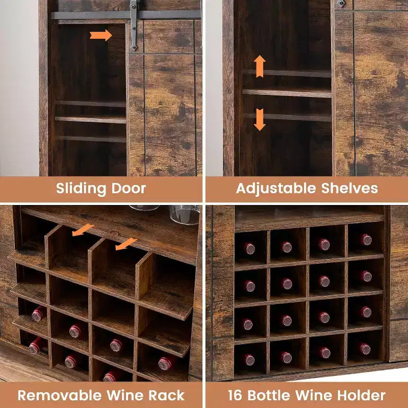 47 Wooden Wine Bar Cabinet with Sliding Door, Modern Liquor Whiskey Coffee Station with Wine Rack&Glass Holder