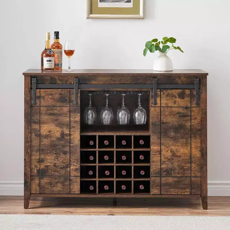 47 Wooden Wine Bar Cabinet with Sliding Door, Modern Liquor Whiskey Coffee Station with Wine Rack&Glass Holder