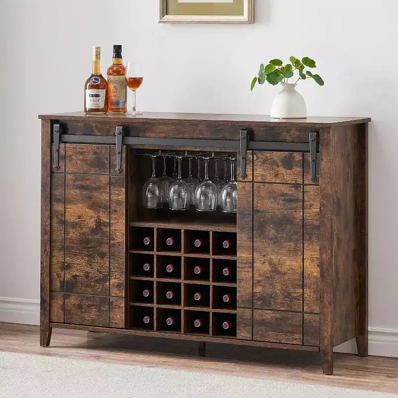 47 Wooden Wine Bar Cabinet with Sliding Door, Modern Liquor Whiskey Coffee Station with Wine Rack&Glass Holder