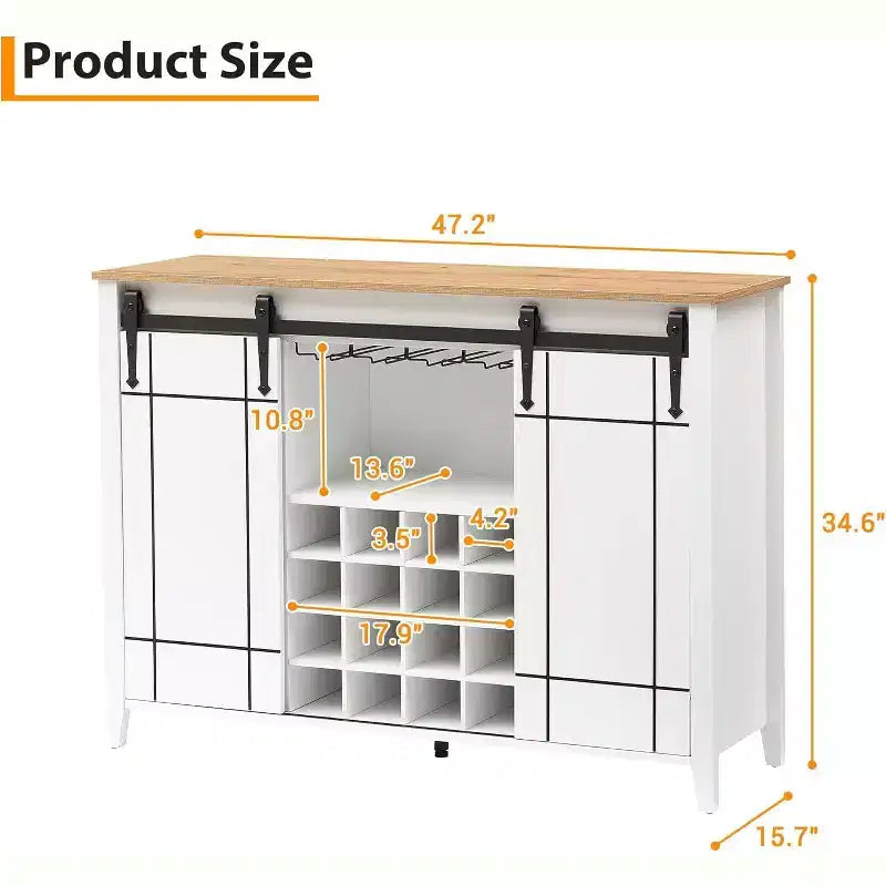 47 Wooden Wine Bar Cabinet with Sliding Door, Modern Liquor Whiskey Coffee Station with Wine Rack&Glass Holder