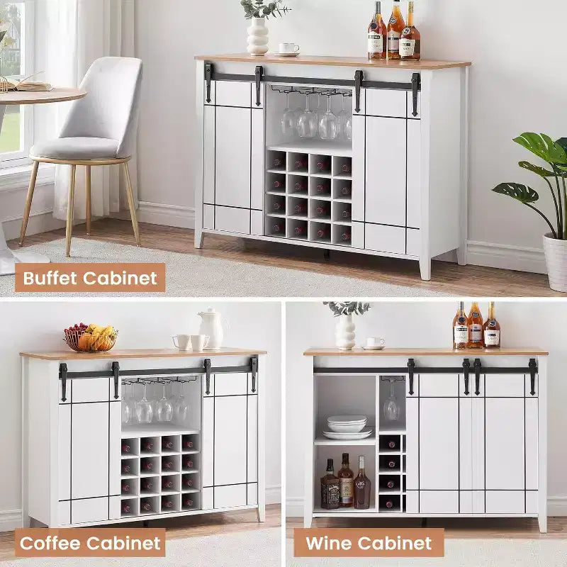 47 Wooden Wine Bar Cabinet with Sliding Door, Modern Liquor Whiskey Coffee Station with Wine Rack&Glass Holder