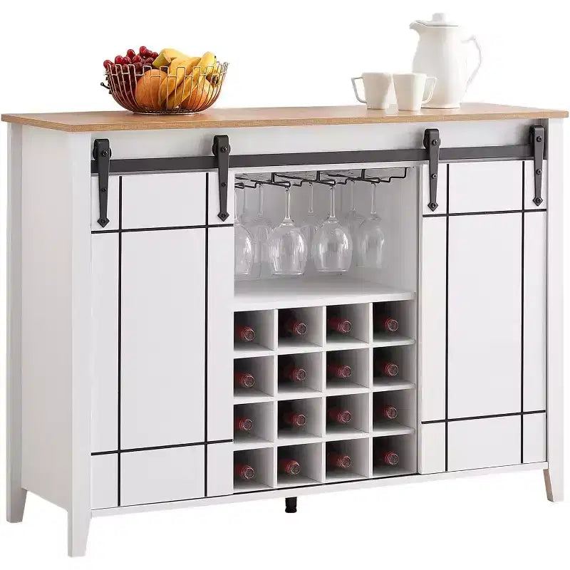 47 Wooden Wine Bar Cabinet with Sliding Door, Modern Liquor Whiskey Coffee Station with Wine Rack&Glass Holder