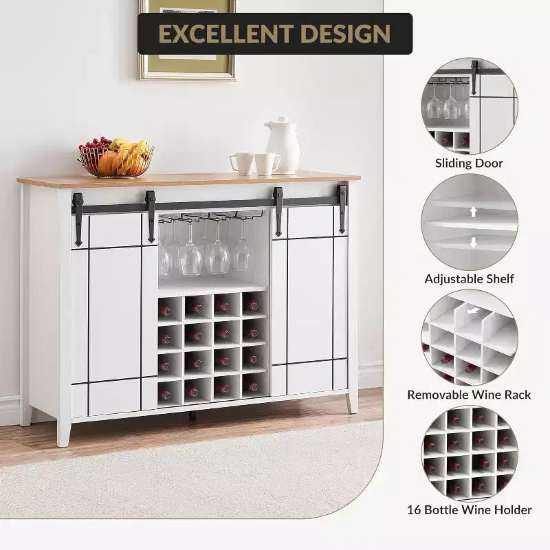 47 Wooden Wine Bar Cabinet with Sliding Door, Modern Liquor Whiskey Coffee Station with Wine Rack&Glass Holder