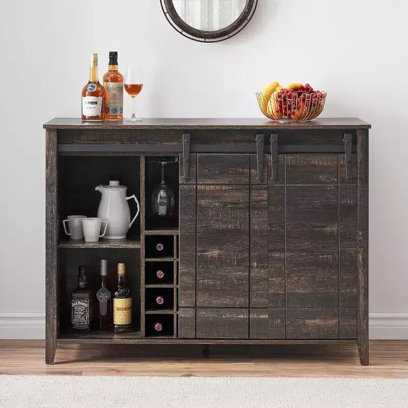 47 Wooden Wine Bar Cabinet with Sliding Door, Modern Liquor Whiskey Coffee Station with Wine Rack&Glass Holder