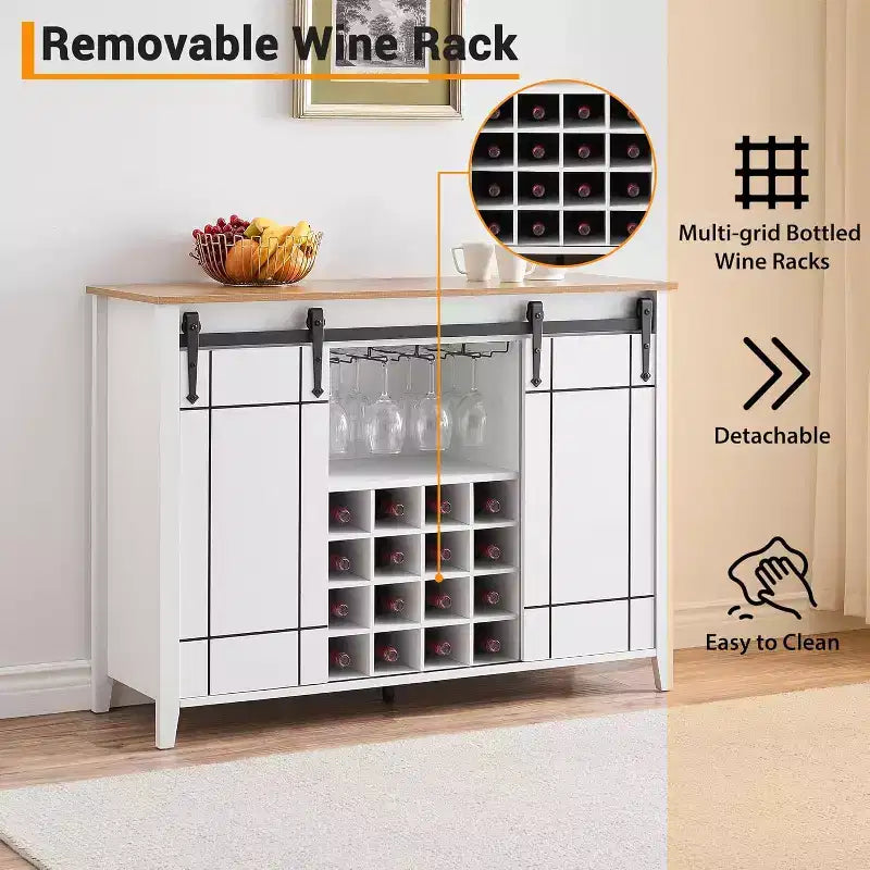 47 Wooden Wine Bar Cabinet with Sliding Door, Modern Liquor Whiskey Coffee Station with Wine Rack&Glass Holder