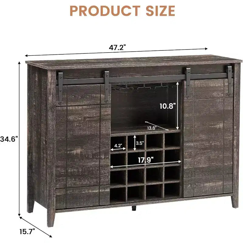 47 Wooden Wine Bar Cabinet with Sliding Door, Modern Liquor Whiskey Coffee Station with Wine Rack&Glass Holder