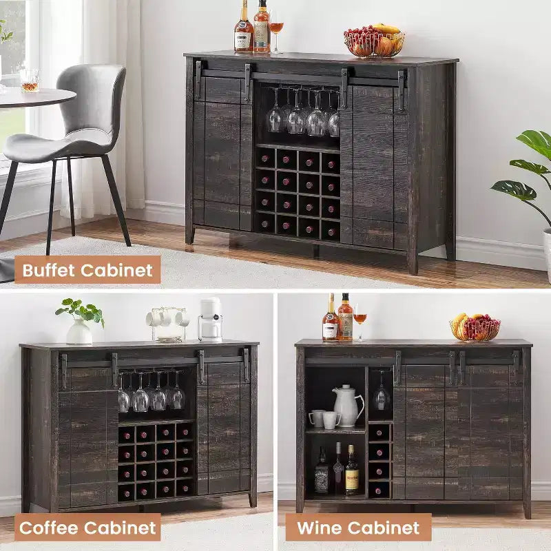 47 Wooden Wine Bar Cabinet with Sliding Door, Modern Liquor Whiskey Coffee Station with Wine Rack&Glass Holder