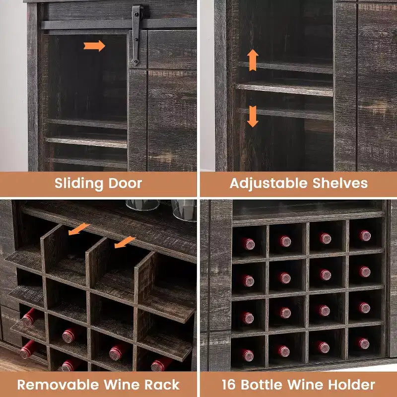 47 Wooden Wine Bar Cabinet with Sliding Door, Modern Liquor Whiskey Coffee Station with Wine Rack&Glass Holder