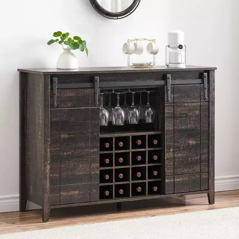 47 Wooden Wine Bar Cabinet with Sliding Door, Modern Liquor Whiskey Coffee Station with Wine Rack&Glass Holder