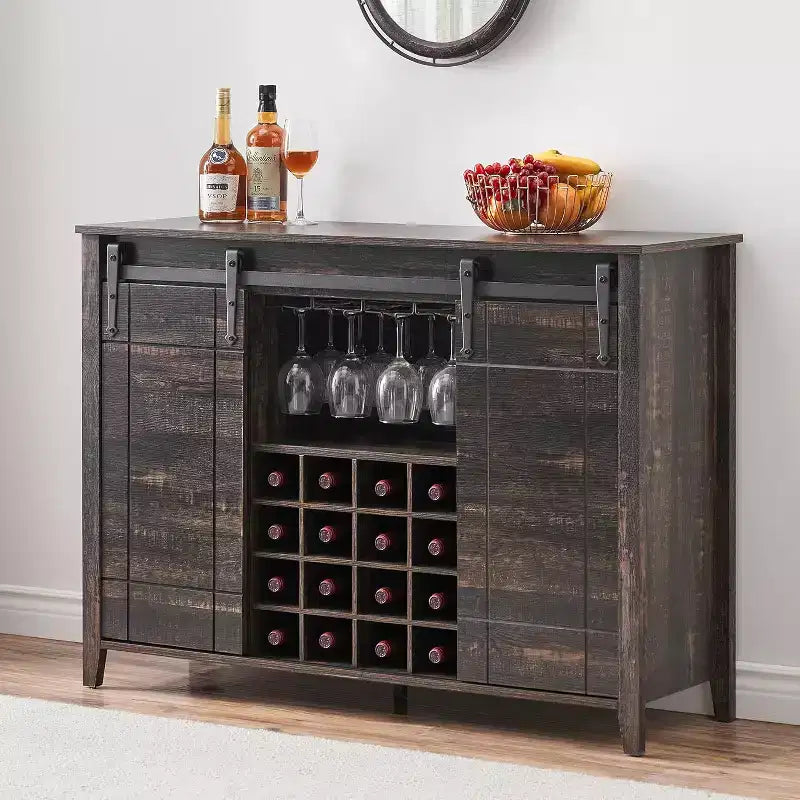 47 Wooden Wine Bar Cabinet with Sliding Door, Modern Liquor Whiskey Coffee Station with Wine Rack&Glass Holder