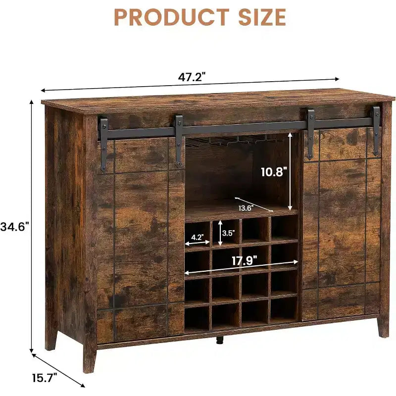 47 Wooden Wine Bar Cabinet with Sliding Door, Modern Liquor Whiskey Coffee Station with Wine Rack&Glass Holder