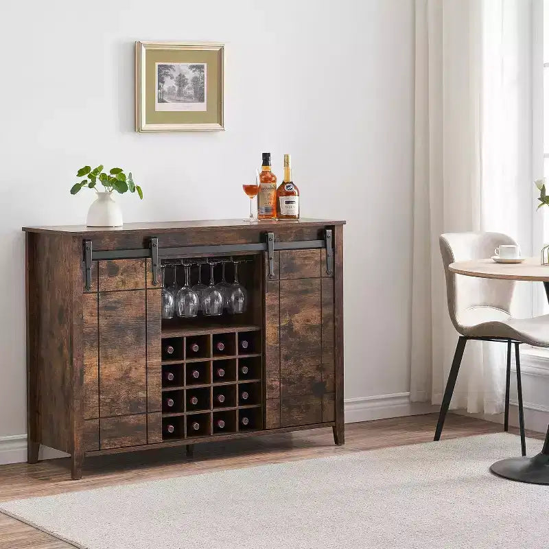 47 Wooden Wine Bar Cabinet with Sliding Door, Modern Liquor Whiskey Coffee Station with Wine Rack&Glass Holder