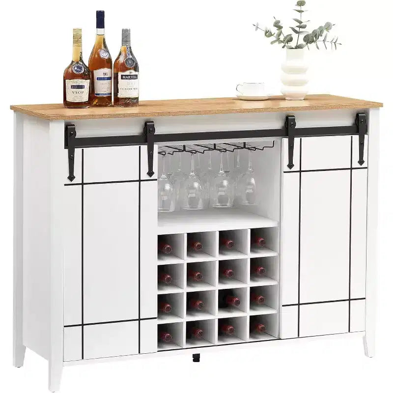 47 Wooden Wine Bar Cabinet with Sliding Door, Modern Liquor Whiskey Coffee Station with Wine Rack&Glass Holder