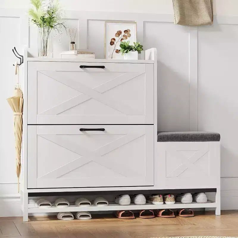 Shoe Cabinet with 2 Flip Drawers & Padded Seat Cushion, Narrow Shoe Organizer Rack for Entryway