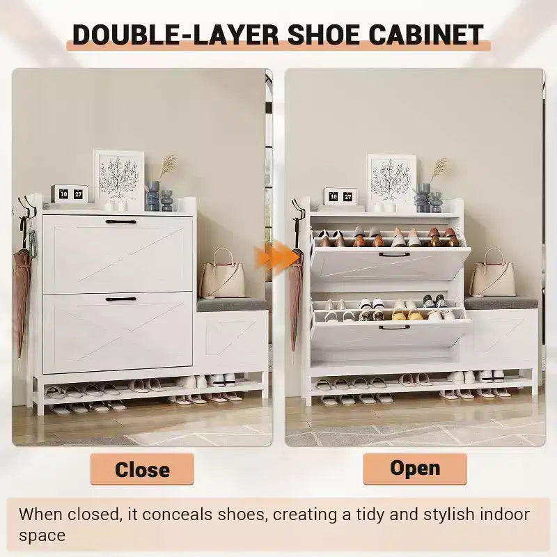 Shoe Cabinet with 2 Flip Drawers & Padded Seat Cushion, Narrow Shoe Organizer Rack for Entryway