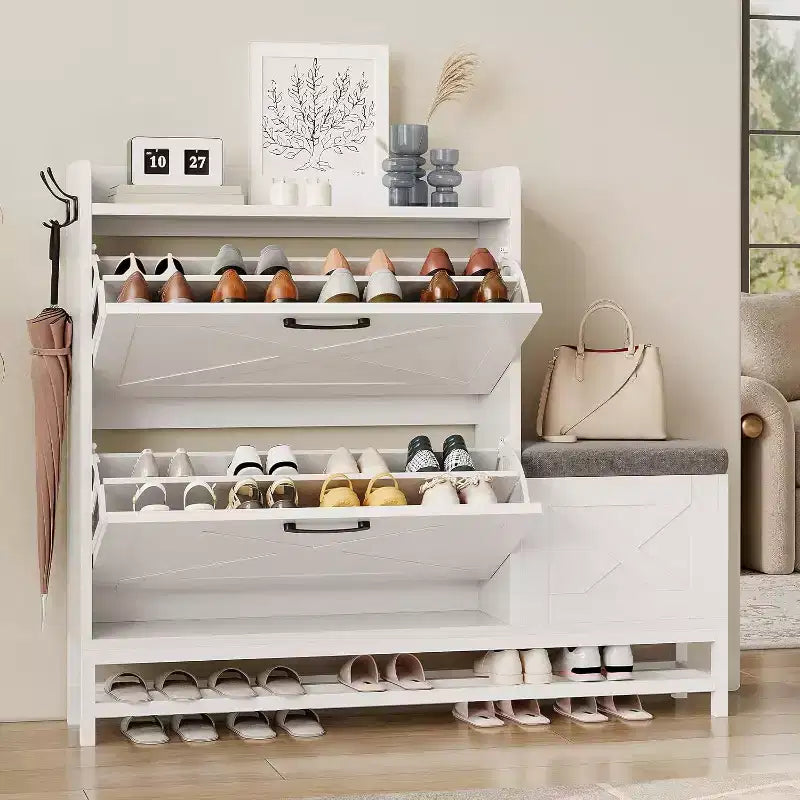 Shoe Cabinet with 2 Flip Drawers & Padded Seat Cushion, Narrow Shoe Organizer Rack for Entryway