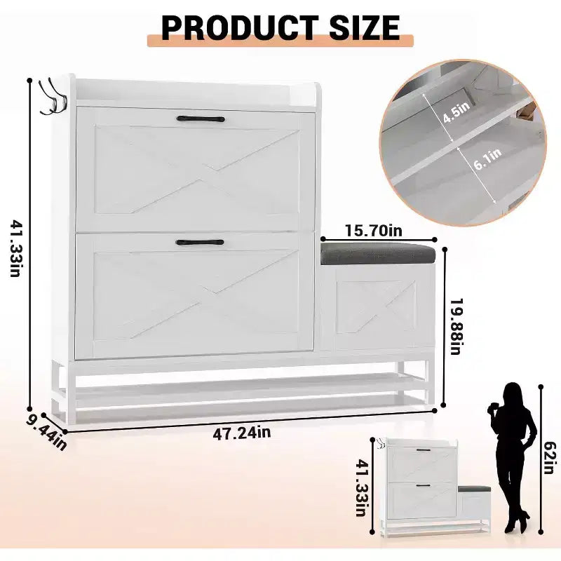 Shoe Cabinet with 2 Flip Drawers & Padded Seat Cushion, Narrow Shoe Organizer Rack for Entryway