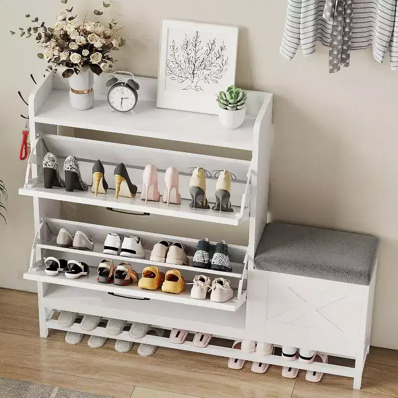 Shoe Cabinet with 2 Flip Drawers & Padded Seat Cushion, Narrow Shoe Organizer Rack for Entryway
