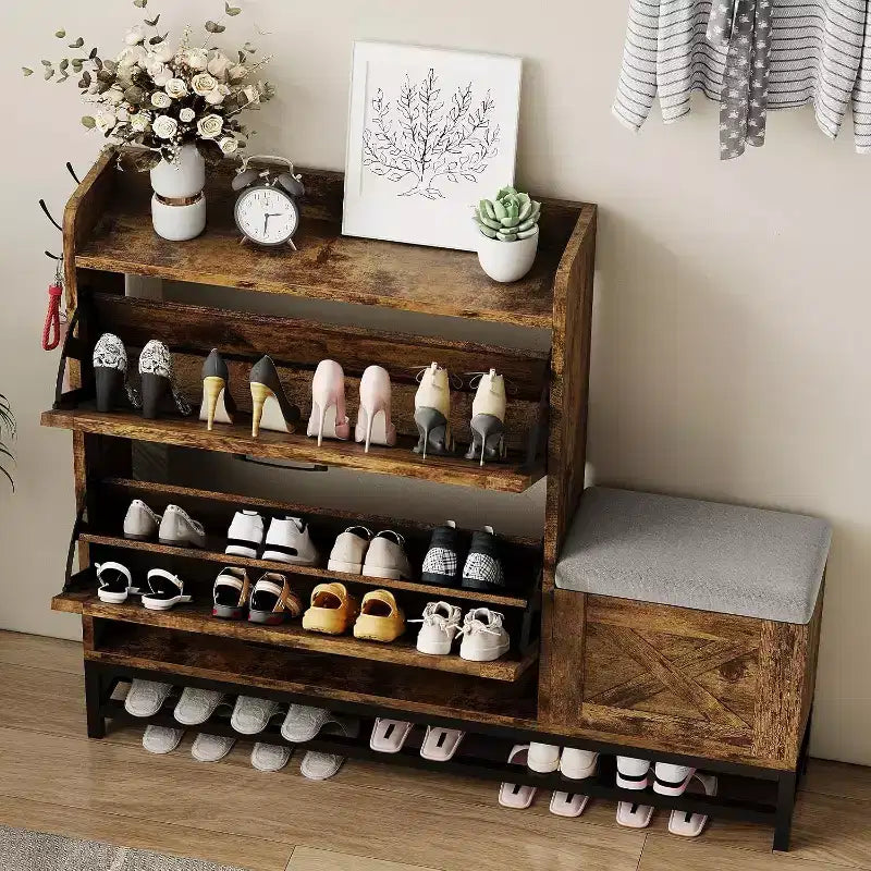 Shoe Cabinet with 2 Flip Drawers & Padded Seat Cushion, Narrow Shoe Organizer Rack for Entryway