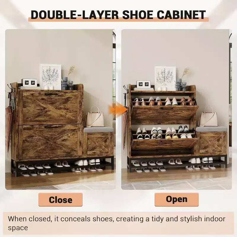 Shoe Cabinet with 2 Flip Drawers & Padded Seat Cushion, Narrow Shoe Organizer Rack for Entryway