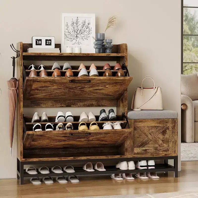 Shoe Cabinet with 2 Flip Drawers & Padded Seat Cushion, Narrow Shoe Organizer Rack for Entryway