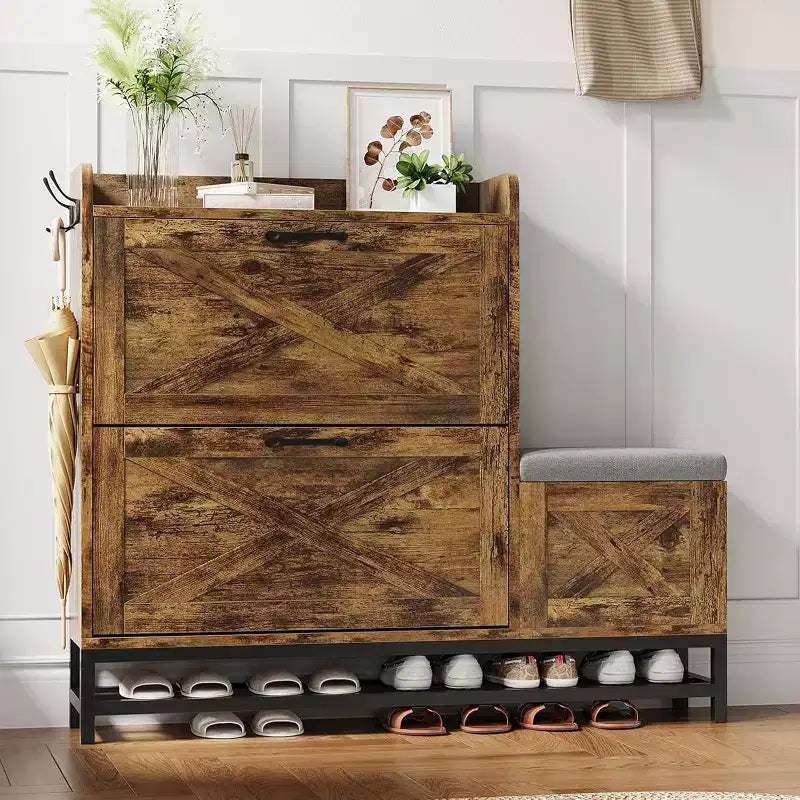 Shoe Cabinet with 2 Flip Drawers & Padded Seat Cushion, Narrow Shoe Organizer Rack for Entryway