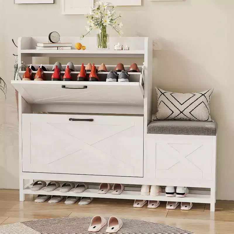 Shoe Cabinet with 2 Flip Drawers & Padded Seat Cushion, Narrow Shoe Organizer Rack for Entryway