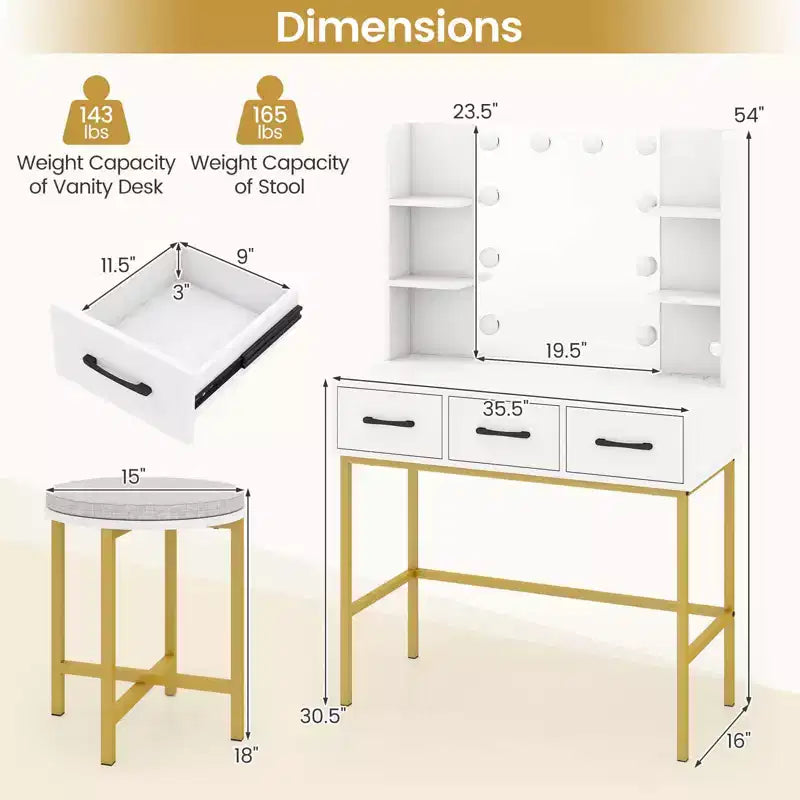 Costway Vanity Desk with Mirror Lights Power Outlets 4 Open Shelves 3 Storage Drawers