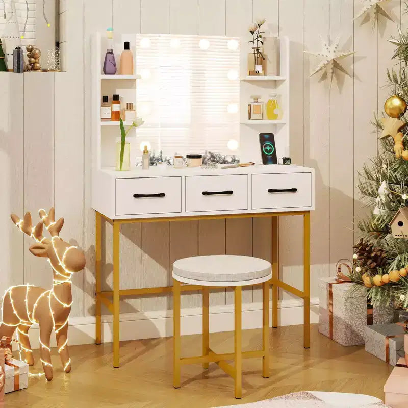 Costway Vanity Desk with Mirror Lights Power Outlets 4 Open Shelves 3 Storage Drawers
