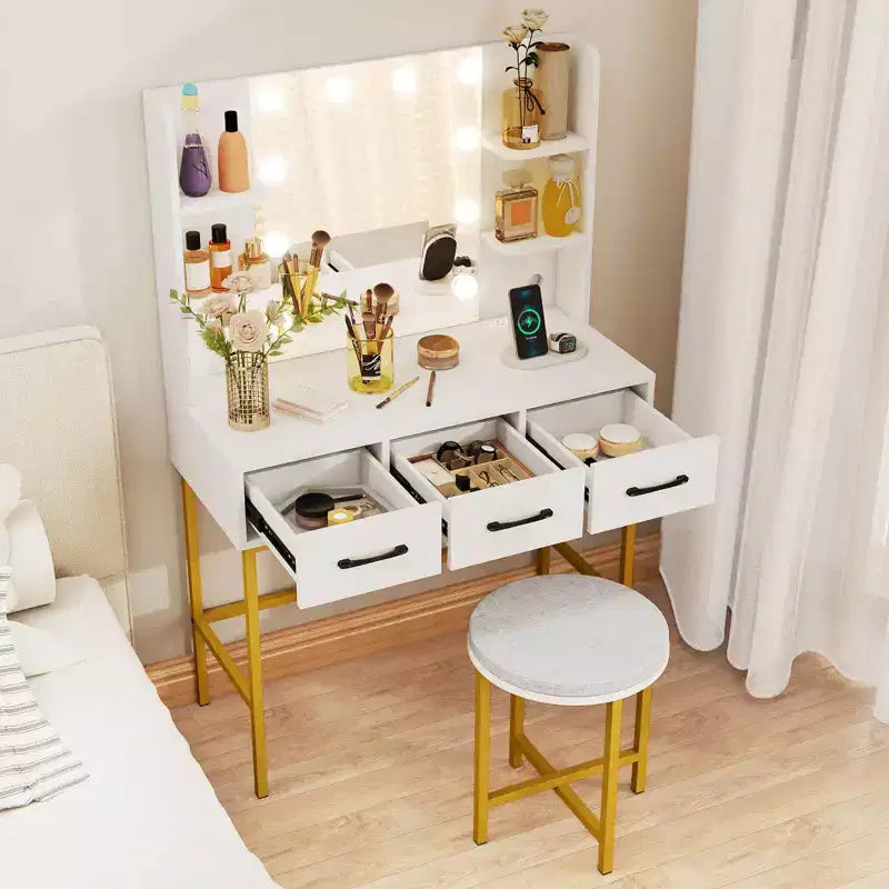 Costway Vanity Desk with Mirror Lights Power Outlets 4 Open Shelves 3 Storage Drawers