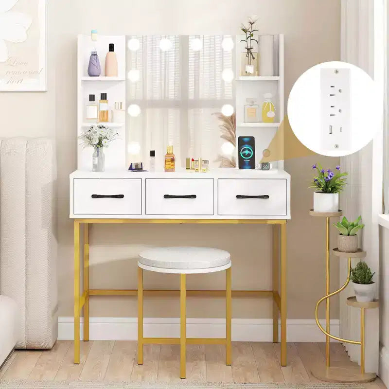 Costway Vanity Desk with Mirror Lights Power Outlets 4 Open Shelves 3 Storage Drawers