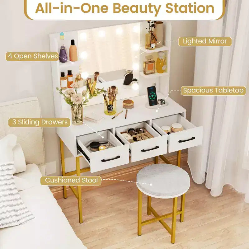 Costway Vanity Desk with Mirror Lights Power Outlets 4 Open Shelves 3 Storage Drawers