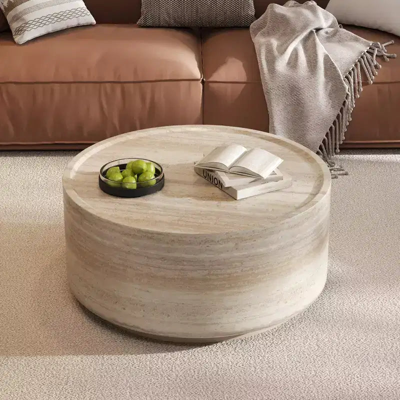Round Coffee Table Cocktail Table Drum Center Table Sofa Side Table Accent Table with Mars Pattern, No Assembly Needed - ModernLuxe