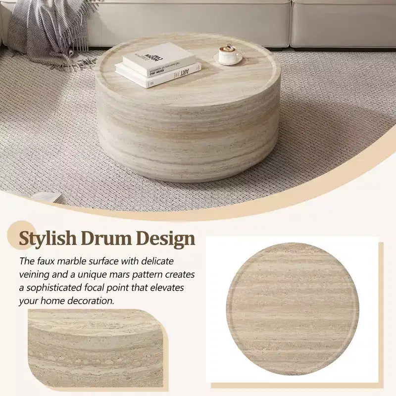 Round Coffee Table Cocktail Table Drum Center Table Sofa Side Table Accent Table with Mars Pattern, No Assembly Needed - ModernLuxe