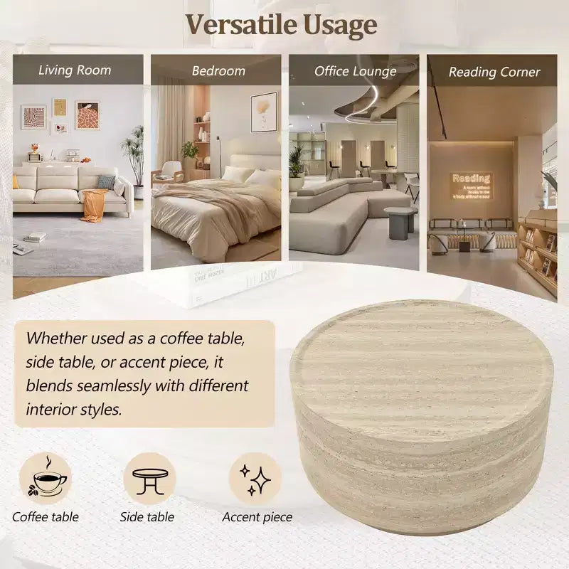 Round Coffee Table Cocktail Table Drum Center Table Sofa Side Table Accent Table with Mars Pattern, No Assembly Needed - ModernLuxe