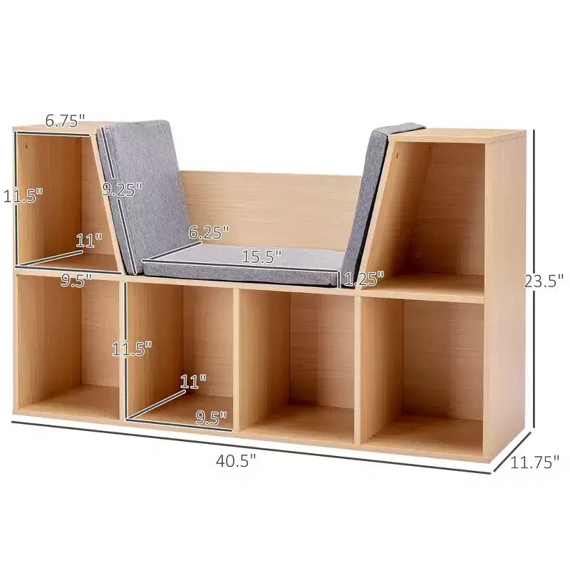Whisen 6-Cubby Kids Bookcase with Reading Nook and Cushion, Multi-Purpose Storage Organizer, Gift for Kids