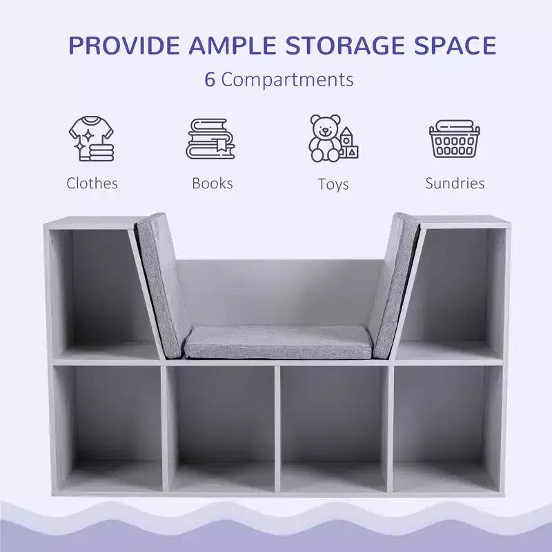 Whisen 6-Cubby Kids Bookcase with Reading Nook and Cushion, Multi-Purpose Storage Organizer, Gift for Kids