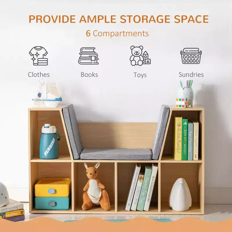 Whisen 6-Cubby Kids Bookcase with Reading Nook and Cushion, Multi-Purpose Storage Organizer, Gift for Kids