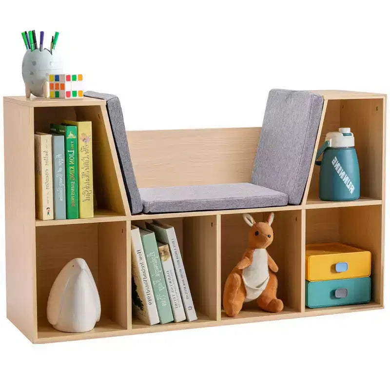 Whisen 6-Cubby Kids Bookcase with Reading Nook and Cushion, Multi-Purpose Storage Organizer, Gift for Kids