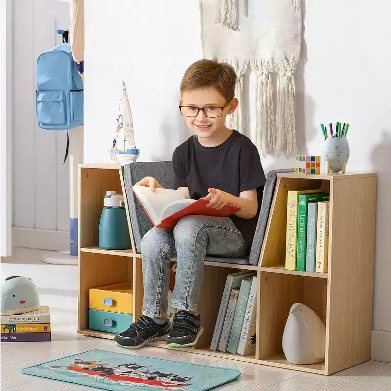 Whisen 6-Cubby Kids Bookcase with Reading Nook and Cushion, Multi-Purpose Storage Organizer, Gift for Kids