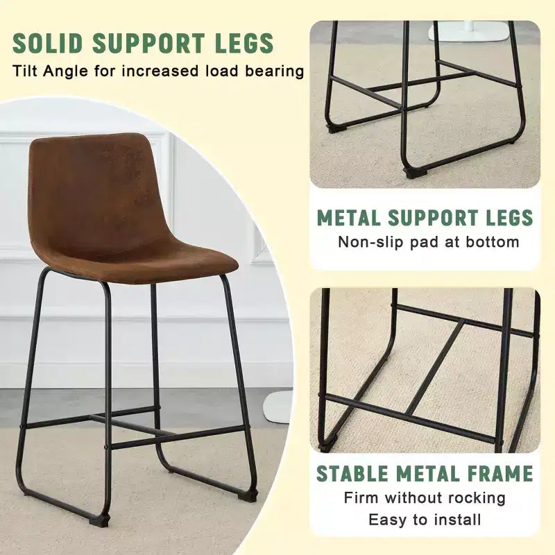 Okak Retro Suede Bar Stools Set of 2, Counter Stools with Iron Footrest, Comfy Kitchen Chair for Kitchen Island