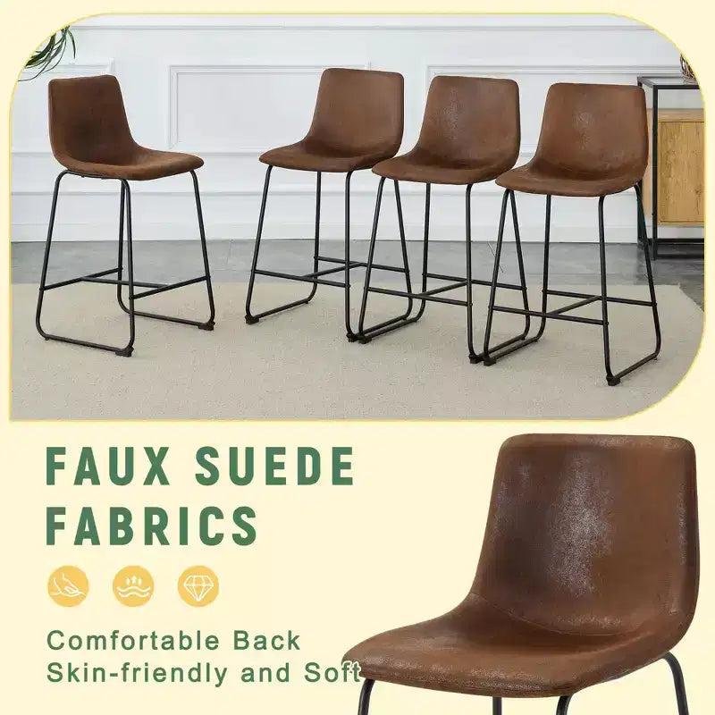Okak Retro Suede Bar Stools Set of 2, Counter Stools with Iron Footrest, Comfy Kitchen Chair for Kitchen Island