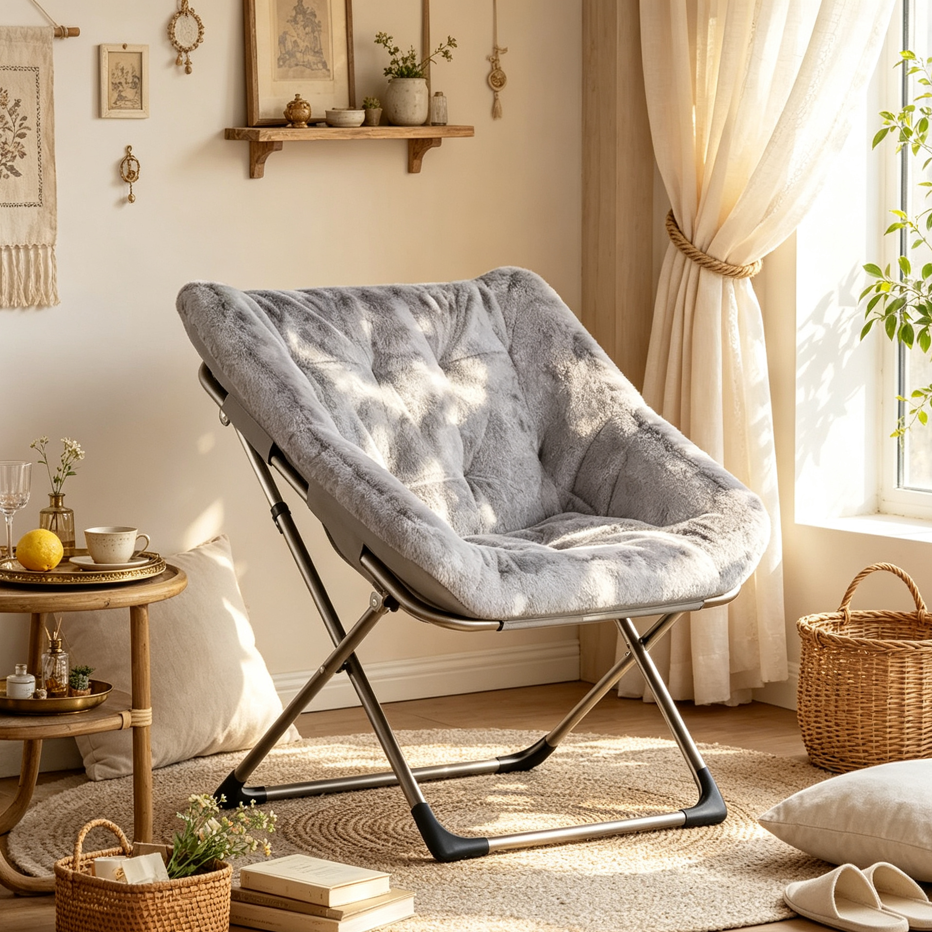 Fauteuil pliant confortable en forme de soucoupe en fourrure de lapin