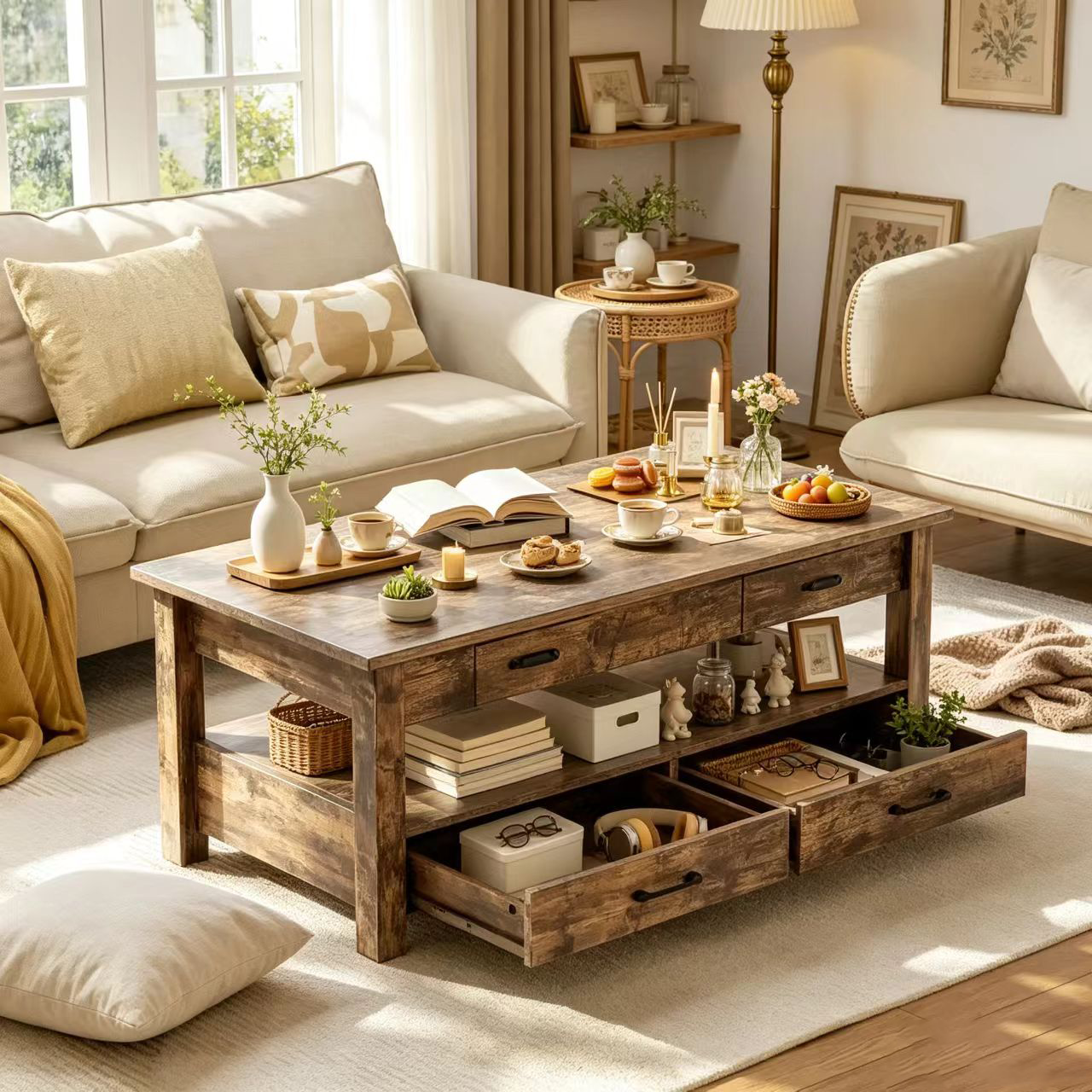 Table basse vintage en bois massif avec vérin à gaz