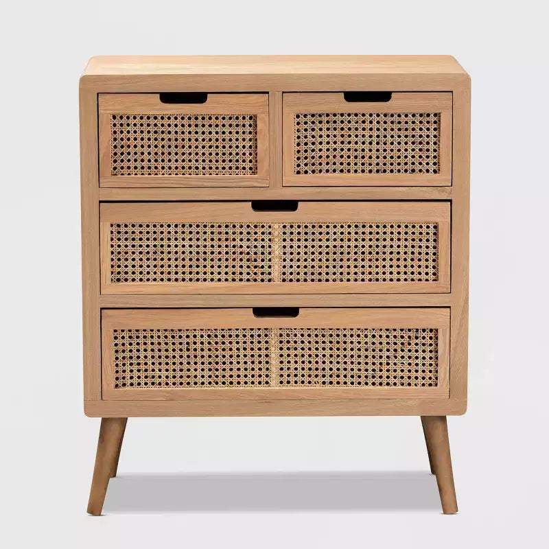 Alina Wood and Rattan 4 Drawer Accent Chest Oak - Baxton Studio: Small Profile, Bohemian Vibe, Ample Storage