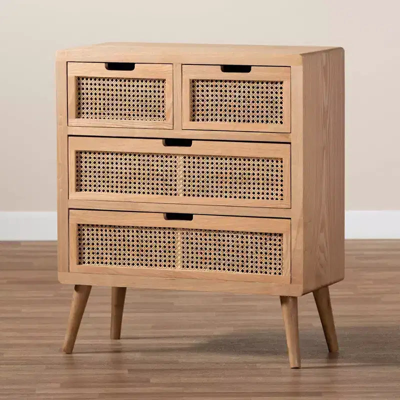 Alina Wood and Rattan 4 Drawer Accent Chest Oak - Baxton Studio: Small Profile, Bohemian Vibe, Ample Storage